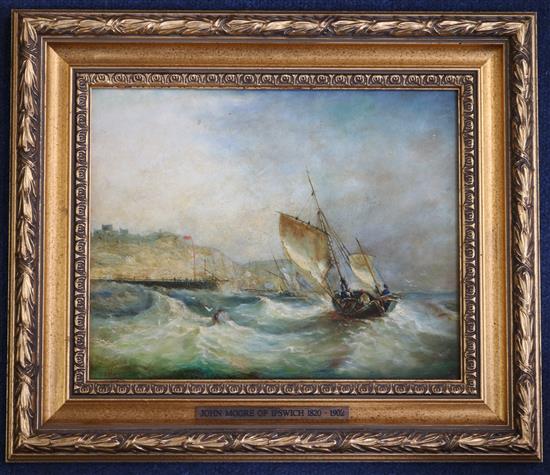 Attributed to John Moore of Ipswich Fishing boat entering harbour 7.5 x 9.5in.